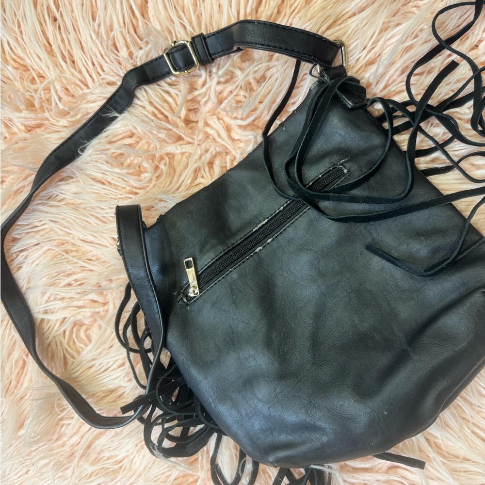 80s Black Fringe Crossbody Bag w/ Gold Studs - Picture 2 of 6